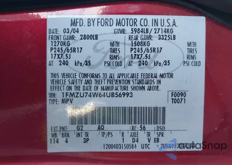 2004 Ford Explorer Eddie Bauer z USA, uszkodzony, nr VIN 1FMZU74W64UB56993